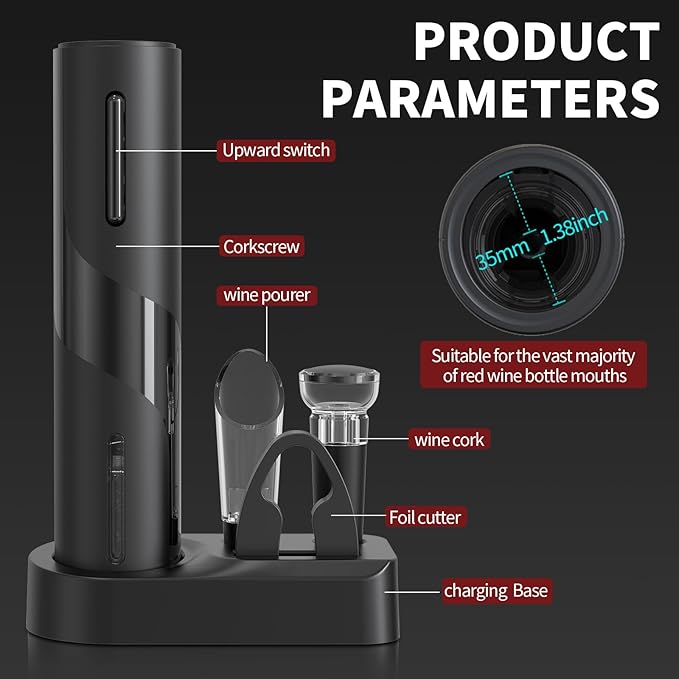 Electric Bottle Opener 5-in-1 ElectricWine Bottle Opener with Rechargeable Storage Base, Foil Cutter, Wine Pour& Wine Stopper