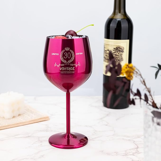 30th Birthday Gifts Wine Glass for Her Women, Stainless Steel Metal Unbreakable Decoration Glasses Rose Red Cup 17oz with Vintage Print-Unique 30 Year Old Present for Mom Wife Sister Friend