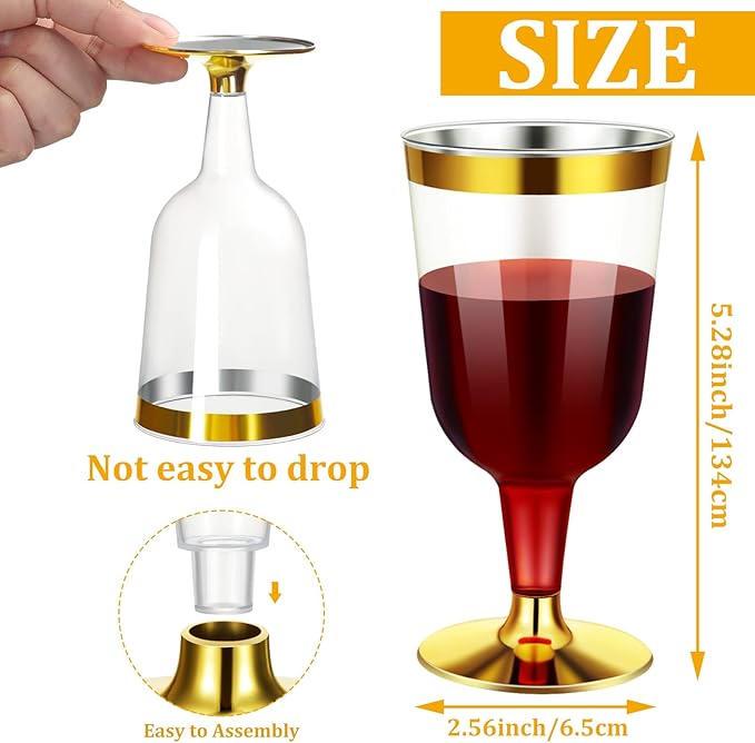CHENGU 100 Pcs Plastic Wine Glasses 7 oz Gold Rimmed Mini Stemware with Removable Base for Wedding Parties Birthday Anniversary Champagne Toasting(gold)
