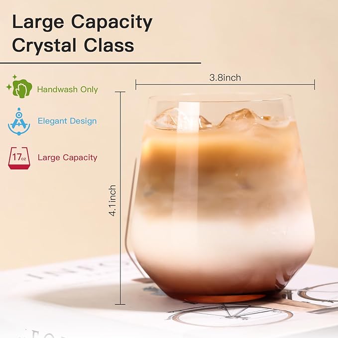 JOVGANK Venus Stemless Wine Glasses Set of 6 - Hand Blown Amber Stemless Wine Glass - 17 oz, [Lead-Free Crystal Glass] Large Short Glass Tumblers, Housewarming Gifts and Mother's Day Gift