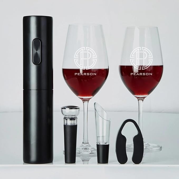 Custom Wine Glasses Set - 6pc Engraved Wine Glasses with Electric Opener, Wine Accessories, and Luxury Box