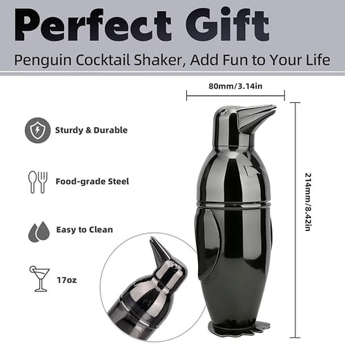 17oz Cocktail Shaker Black Penguin, Bartender Shakers with Built-In Strainer, Unique Design Stainless Steel Martini Shaker Professional Bar Mixology Tool, Drink Mixer Bartending Essentials