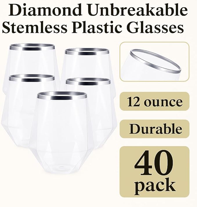 Oojami 40 Pack 12 oz Disposable Plastic Wine Glasses Diamond Stemless, Silver Rim Clear Unbreakable Reusable Champagne Whiskey Cocktail Cups, Shatterproof BPA-Free Recyclable, Wedding Birthday Party