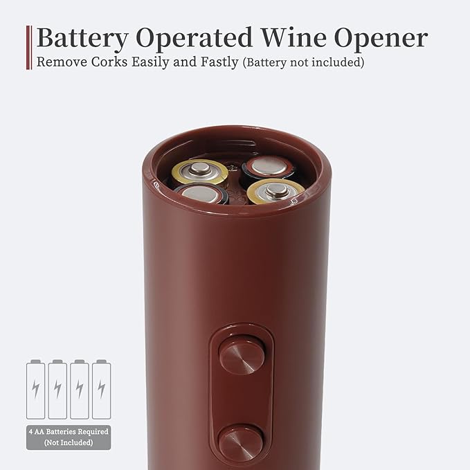 Battery Operated Wine Opener by ELMWAY, Electric Corkscrew & Wine Bottle Opener with Foil Cutter, Gift for Wine Lovers and Wine Accessories for Home Bars - Red (4xAA Not Included)