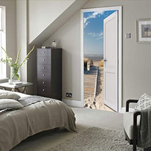 3D Door Wallpaper Self-Adhesive Poster - Beach Street Film Photo Premium PVC Waterproof Sticker Wall for Bedroom Living Room Decoration Stickers 95 x 200 cm