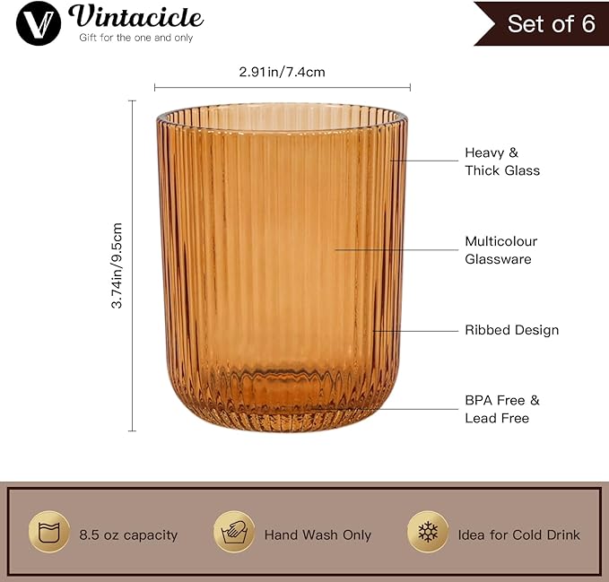 8.5 oz Drinking Glasses, Colored Highball Glasses Set of 6, Ribbed Glassware Glass Cups, Water Glasses for Juice, Iced Coffee Cups, Cocktail Glasses
