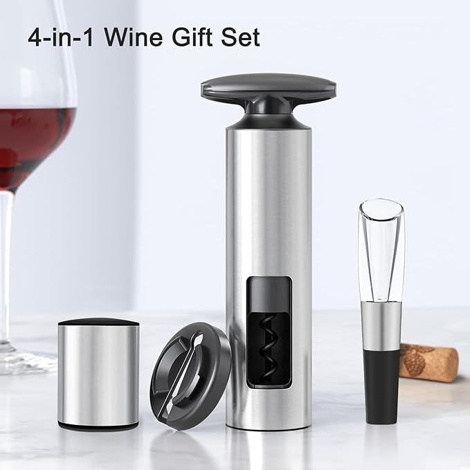 Effort-Saving Wine Opener Set by ELMWAY, Sleek Self-Pull Manual Corkscrew with Foil Cutter, Vacuum Stopper & Wine Aerator Pourer, Stainless Steel Body, Easy to Use for Home & Parties - Silver