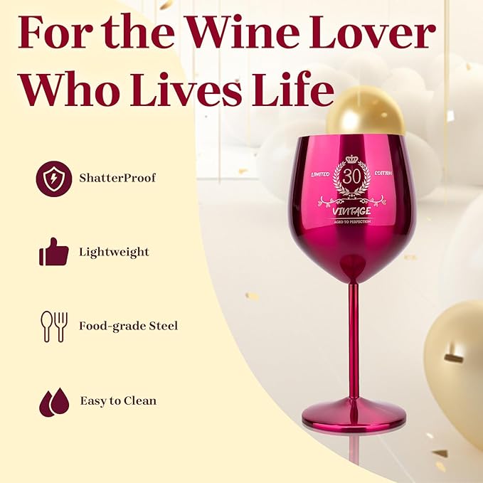 30th Birthday Gifts Wine Glass for Her Women, Stainless Steel Metal Unbreakable Decoration Glasses Rose Red Cup 17oz with Vintage Print-Unique 30 Year Old Present for Mom Wife Sister Friend