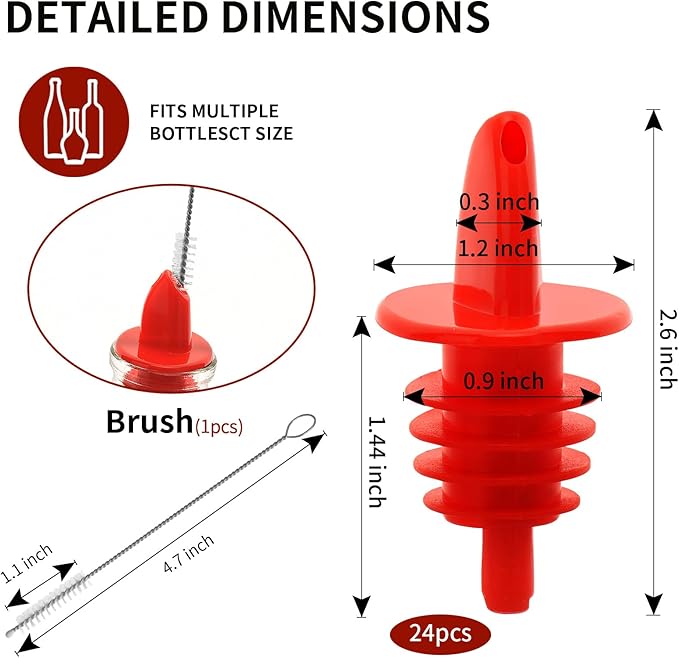 Plastic Liquor Bottle Pourers 24 Pack Classic Bottle Pourers for Alcohol, Leak-Proof, Dishwasher-Safe Pour Spouts for Liquor Bottles (Red)