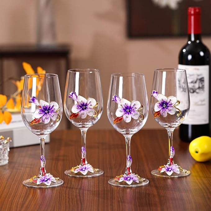 Simcat Handmade Painted Enamel Flower Glass Wine Glasses Transparent Refined Goblet, Stem For Cabernet, Gifts (pink double gift box1)