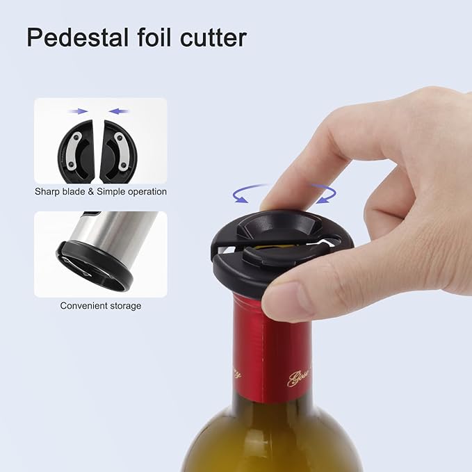 Effort-Saving Wine Opener Set by ELMWAY, Sleek Self-Pull Manual Corkscrew with Foil Cutter, Vacuum Stopper & Wine Aerator Pourer, Stainless Steel Body, Easy to Use for Home & Parties - Silver