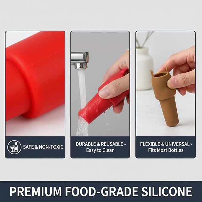 Silicone Wine Stoppers - 10 Pack Reusable, Airtight Bottle Stoppers for Wine, Champagne & More - Leak-Proof Seal, Universal Fit, Easy to Use & Clean, Keep Wine Fresh