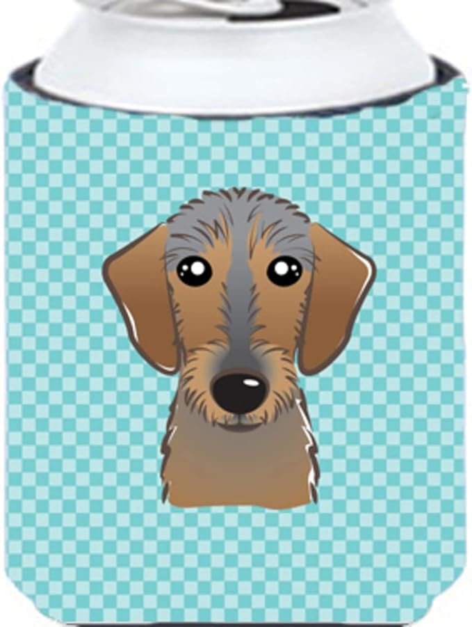 Caroline's Treasures BB1171CC Checkerboard Blue Wirehaired Dachshund Can or Bottle Hugger Cooler Washable Drink Sleeve Collapsible Beverage Insulated Holder, Can Hugger, Multicolor