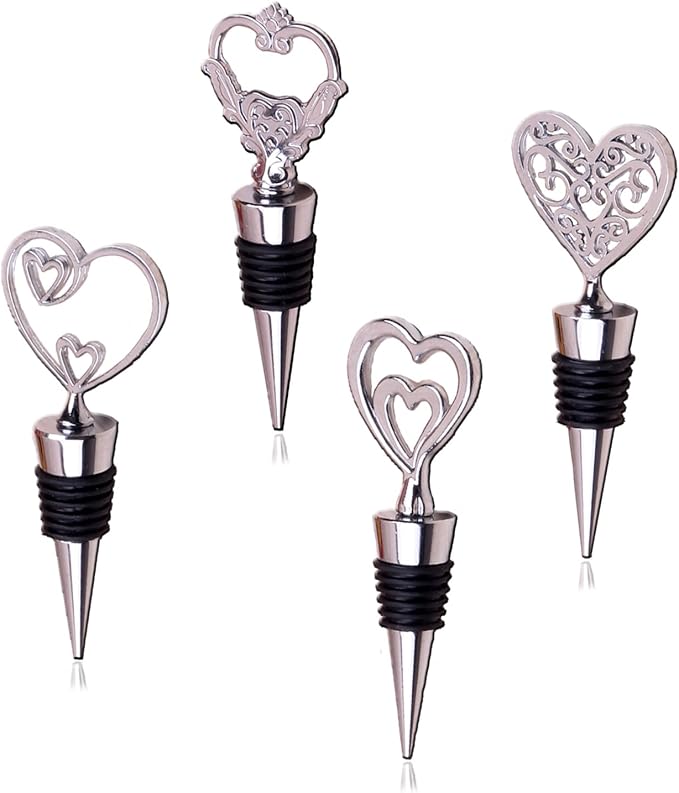 Love Wine Stoppers - Cute Heart Shaped Wine Stopper Decoration, Metal Zinc Alloy, Reusable (Set of 4)