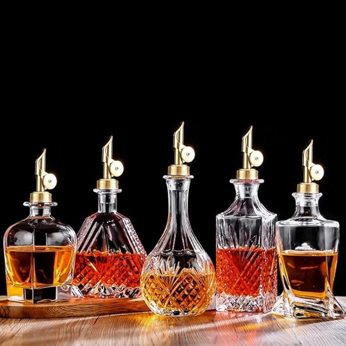 beyonday 6pcs Self Closing Liquor Bottle Pourers - Gold, Auto Flip Wine Bottle Stoppers with Rubber Dust Cap & Cleaning Brush, Weighted Olive Oil Vinegar Dispenser Spout, Fit about 3/4'' Bottle Mouth