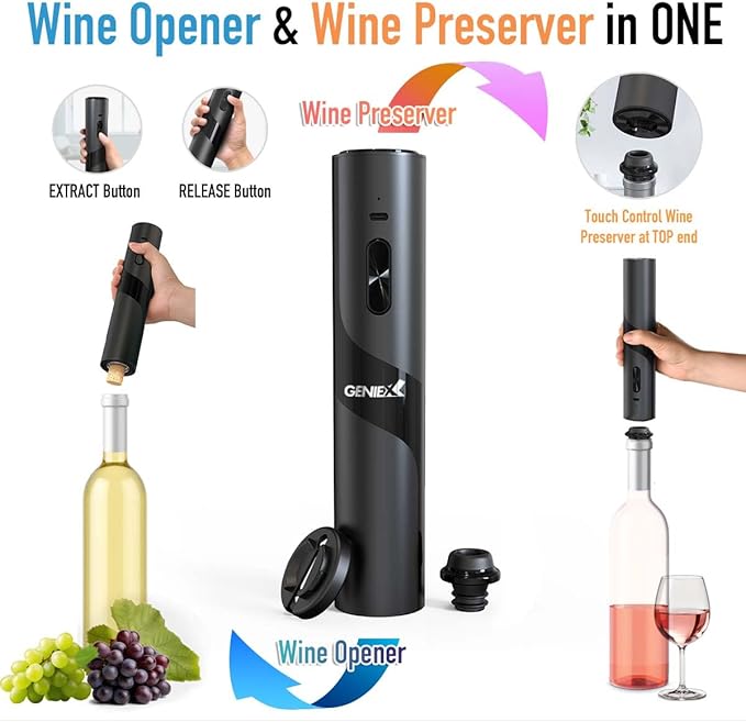 2‑in‑1 Electric Wine Opener & Wine Preserver COMBINED — Automatic Corkscrew at Bottom end + Wine Saver at Top end | Perfect Father’s Day Gift