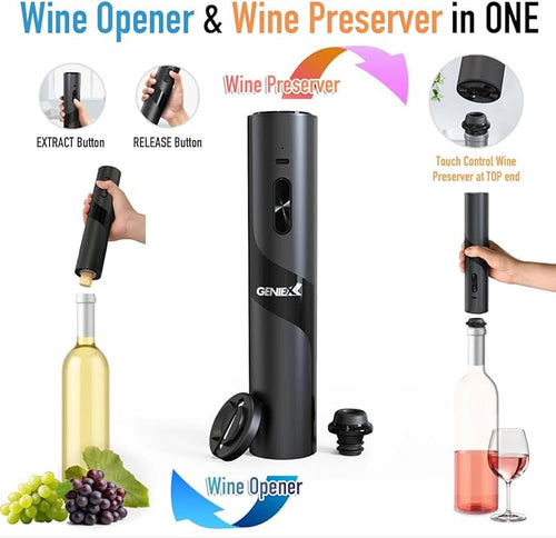 2‑in‑1 Electric Wine Opener & Wine Preserver COMBINED — Automatic Corkscrew at Bottom end + Wine Saver at Top end | Perfect Father’s Day Gift