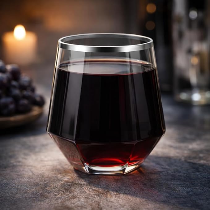 Oojami 40 Pack 12 oz Disposable Plastic Wine Glasses Diamond Stemless, Silver Rim Clear Unbreakable Reusable Champagne Whiskey Cocktail Cups, Shatterproof BPA-Free Recyclable, Wedding Birthday Party