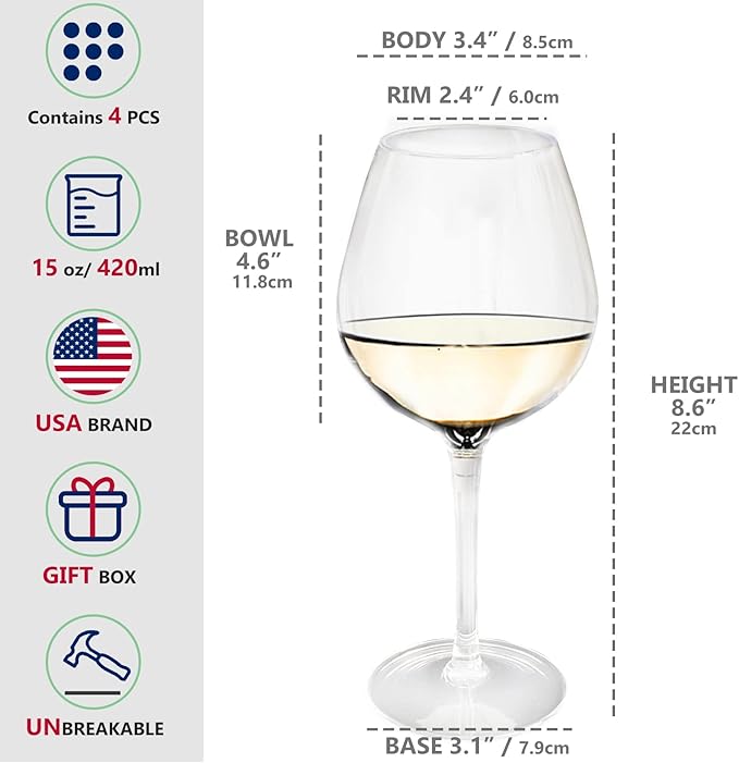 crayline Plastic Wine Glasses Set of 6(15oz) |Unbreakable Wine Glasses with Stem|100% Tritan & BPA Free |Dishwasher Safe| Awesome For Pool, Beach, Travel, Pool, Camping, Beach, Picnic, Everyday Use.