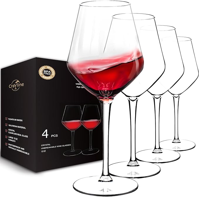 crayline Plastic Wine Glasses Set of 4(15oz) |Unbreakable Wine Glasses with Stem|100% Tritan & BPA Free |Dishwasher Safe| Awesome For Pool, Beach, Travel, Pool, Camping, Beach, Picnic, Everyday Use.