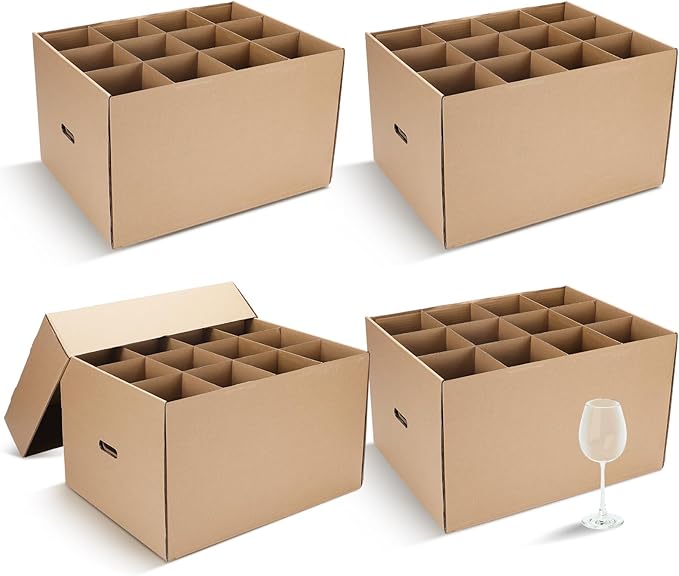 Feifeiya 4 Pack Wine Glass Moving Boxes Kitchen Moving Boxes with Handle Kitchen Kit with Lid for Dish Glassware (Brown,20 x 15 x 12 Inches)
