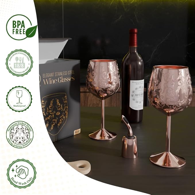 Mother’s Day Gift for Mom – Set of 2 Rose Gold Stainless Steel Wine Glasses, 17oz Engraved Goblets with Bottle Stopper, Unbreakable Elegant Wine Cups, Gift for Women, Wife, Mom, Sister