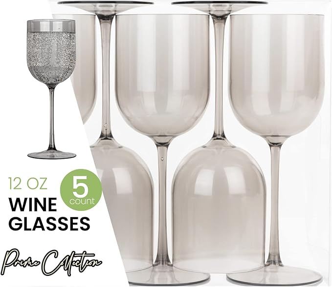 PLASTICPRO Smokey Grey Plastic Wine Glasses Set of 10 Elegant Wine Goblets Hard Plastic Wine Cups on Stem 12 Ounce