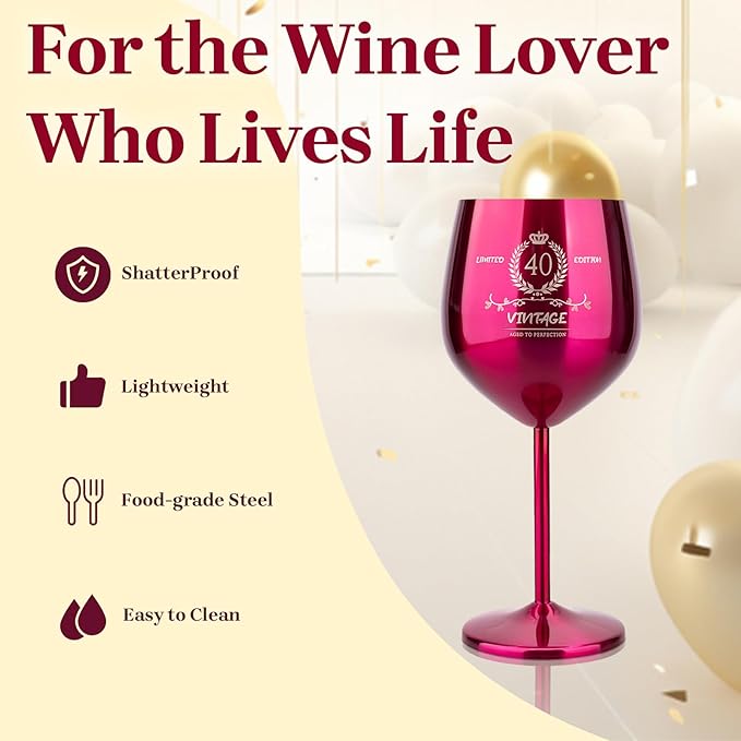 40th Birthday Gifts Wine Glass for Her Women, Stainless Steel Metal Unbreakable Decoration Glasses Rose Red Cup 17oz with Vintage Print-Unique 40 Year Old Present for Mom Wife Sister Friend