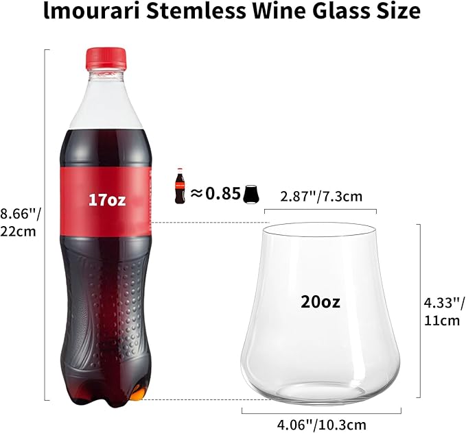 Large Stemless Wine Glasses Set of 4: 20oz Clear Hand Blown Crystal No Stem Red Wine Glass Cups for Birthday Wedding Party