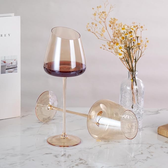 KAMMAK Wine Glasses Set of 2, 16.06 oz Hand Blown Crystal Bordeaux Wine Glasses, Thin Rim & Long Stem, Perfect for Red & White, Daily Use, Wedding or Birthday Gift with Gift Box, XH-H280 Amber