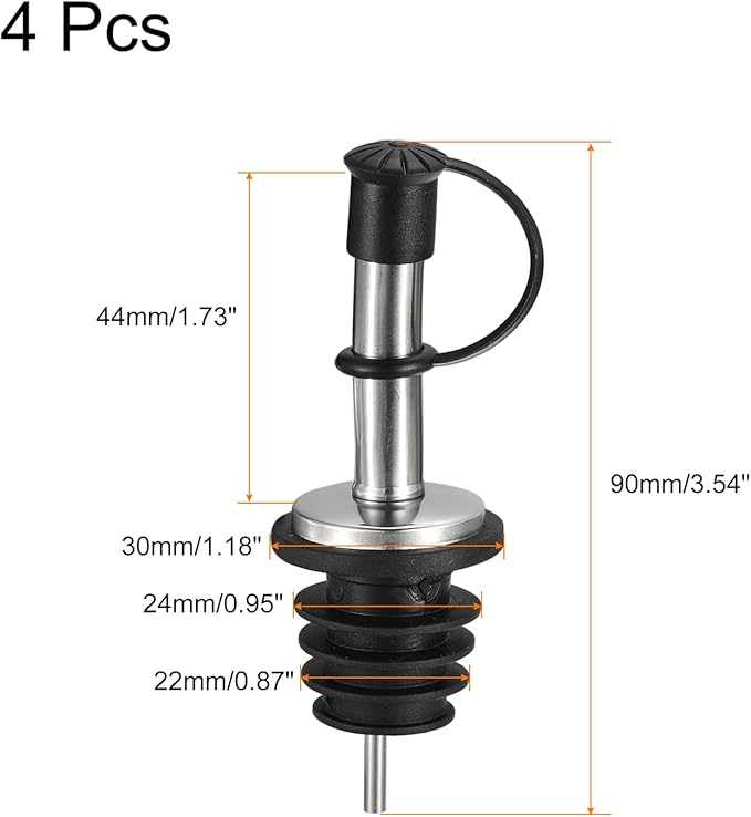 uxcell Stainless Steel Bottle Pourers, 4Pcs 90mm/3.54" Olive Oil Spout with Rubber Dust Caps, Wine Pourers Liquor Pour Spouts for Pours Liquid, Wine, Vinegar, Most Liquor Bottles (Black)