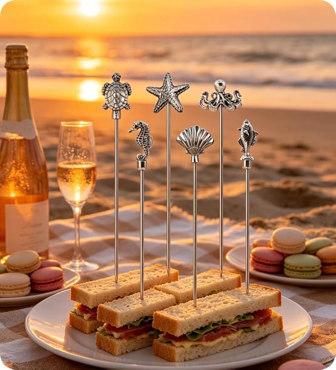 Homestia Ocean Cocktail Picks, 6PCS Stainless Steel Marine Life Martini Picks 4.7 Inch, Sea Turtle Starfish Seahorse Octopus Shell Fish Drink Skewers for Cocktails, Olives, Appetizers