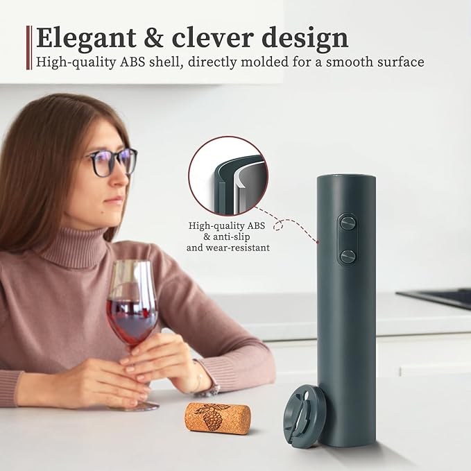 Battery Operated Wine Opener by ELMWAY, Electric Corkscrew & Wine Bottle Opener with Foil Cutter, Gift for Wine Lovers and Wine Accessories for Home Bars - Green (4xAA Not Included)