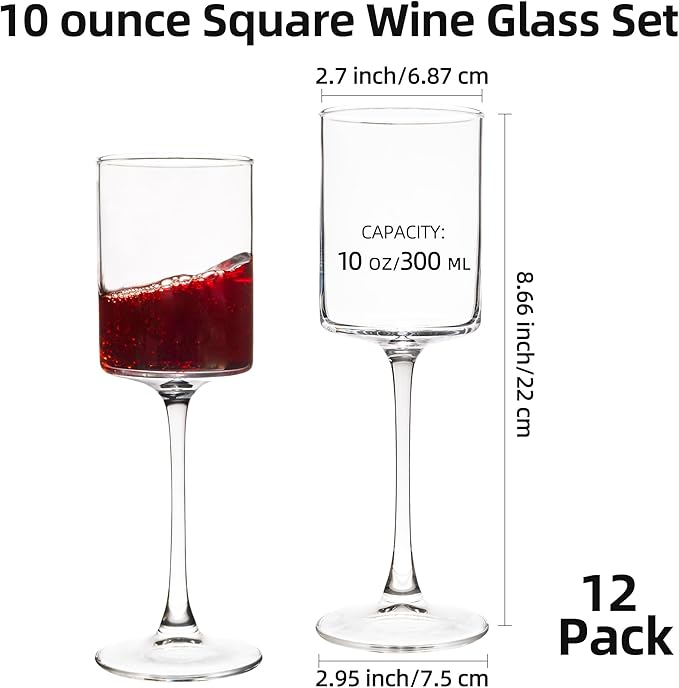 Square Wine Glasses Set of 12,10oz Large Champagne Flute, Square Unique White & Red Wine Goblets, Dishwasher-safe Clear (12)