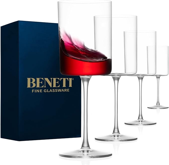 BENETI Large Square Wine Glass Set of 4-17 oz European-Made Hand Blown Glass White Wine Goblets w/Laser-Cut Rim, Dishwasher-Safe Crystal Clear Red Wine Glass Gift Set