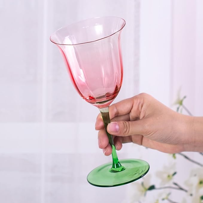 KAMMAK Wine Glasses Set of 2, 9.47 oz Hand Blown Crystal Bordeaux Wine Glasses, Thin Rim & Long Stem, Perfect for Red & White, Daily Use, Wedding or Birthday Gift with Gift Box, Pink-Green Flowers