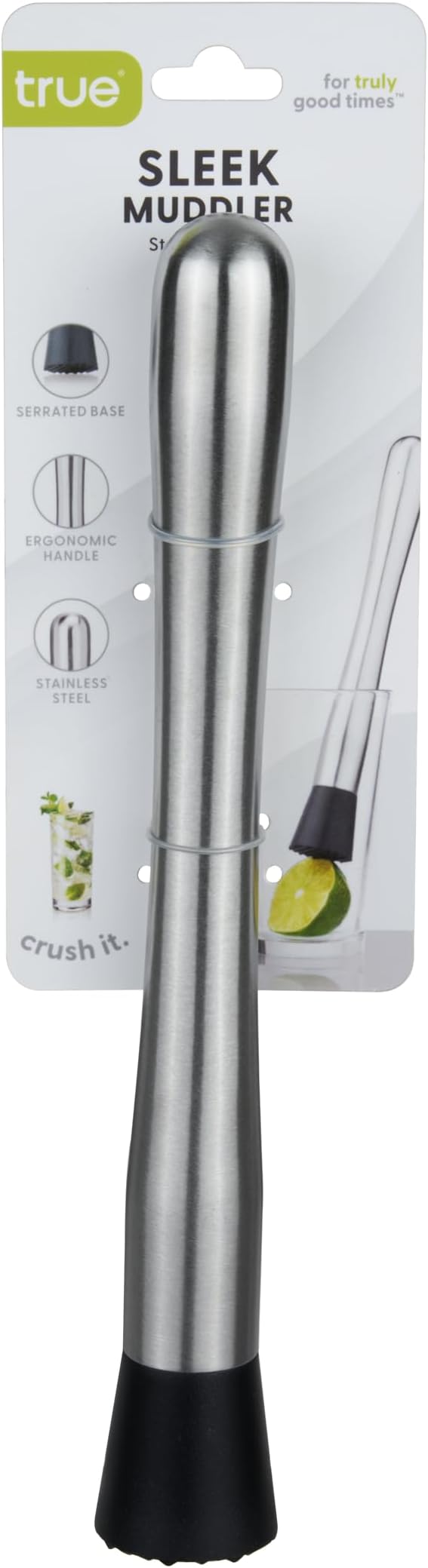 True Bar Muddler for Cocktails - Cocktail Muddler Stainless Steel with Textured Plastic Base - Dishwasher Safe, 10 Inches Set of 1