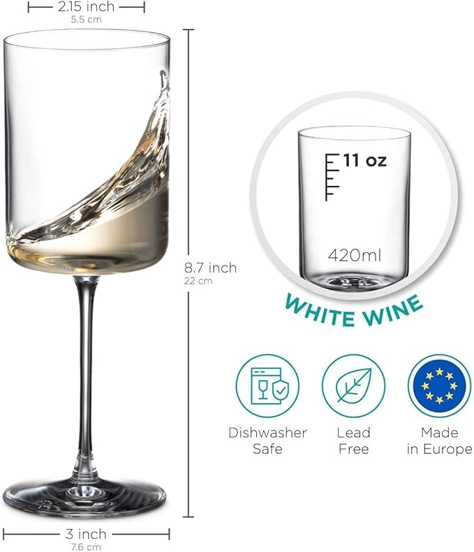 BENETI Large Square Wine Glass Set of 4-11 Oz European-Made Hand Blown Glass White Wine Goblets w/Laser-Cut Rim, Dishwasher-Safe Crystal Clear Red Wine Glass