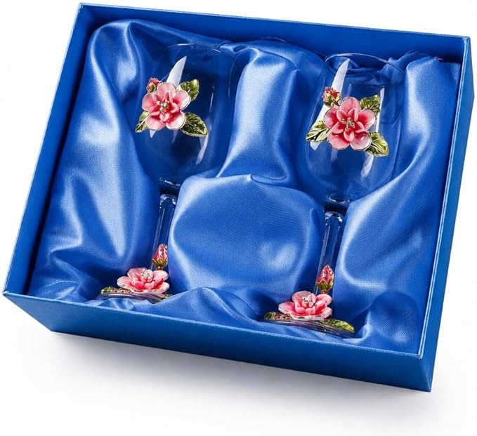 Simcat Handmade Painted Enamel Flower Glass Wine Glasses Transparent Refined Goblet, Stem For Cabernet, Gifts (pink single gift box2)