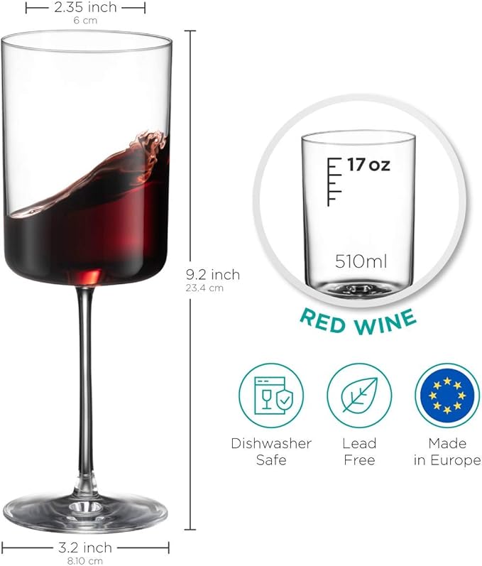 BENETI Large Square Wine Glass Set of 4-17 oz European-Made Hand Blown Glass White Wine Goblets w/Laser-Cut Rim, Dishwasher-Safe Crystal Clear Red Wine Glass Gift Set