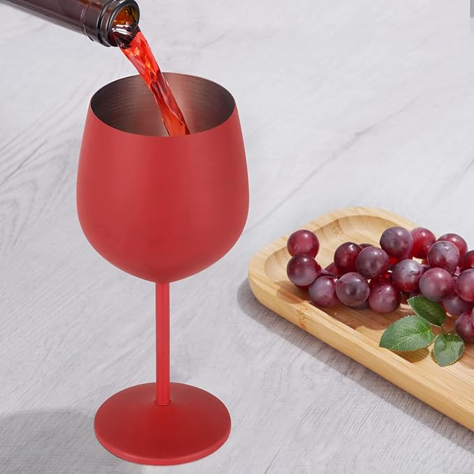 Lifecapido Stainless Steel Wine Glasses Set of 2, 18oz Stainless Steel Wine Goblets, Stemmed Metal Wine Glasses with Cup Brush for Party Office Wedding Anniversary, Great for Red White Wine (Red)