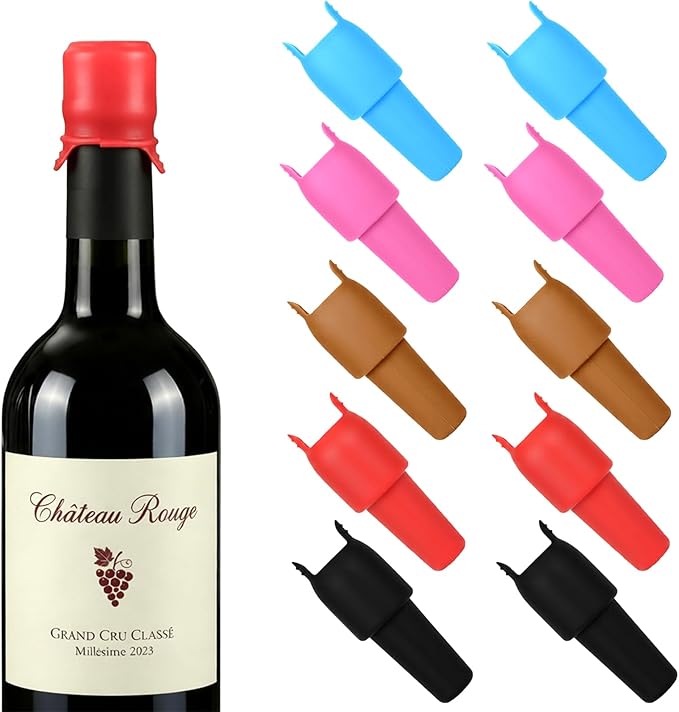 Silicone Wine Stoppers - 10 Pack Reusable, Airtight Bottle Stoppers for Wine, Champagne & More - Leak-Proof Seal, Universal Fit, Easy to Use & Clean, Keep Wine Fresh