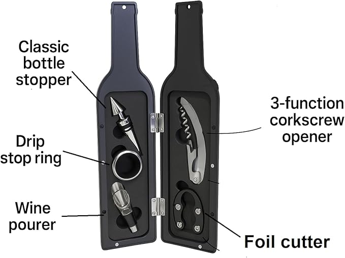 Wine Accessories Gift Set – 5-Piece Bottle-Shaped Wine Opener Kit with Corkscrew, Foil Cutter, Drip Ring, Wine Pourer & Stopper – Wine Lover Gift for Men & Women