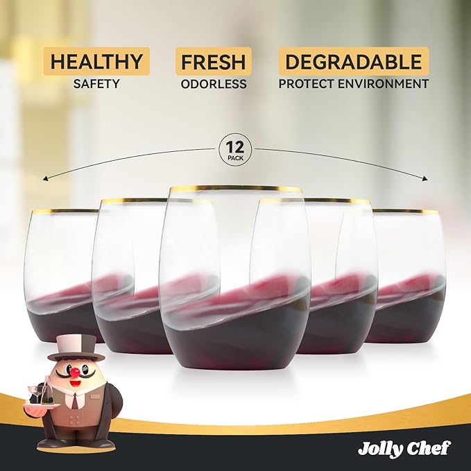 JOLLY CHEF 12 Pack 12oz Gold Plastic Wine Glasses Stemless, Gold Disposable Wine Cups, Premium Quality, Unbreakable, Disposable Plastic Wine Cups for Party, Halloween, Christmas, Thanksgiving
