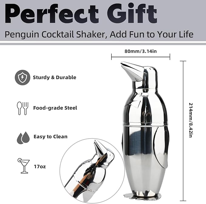 Penguin Cocktail Shaker, Bartender Shakers 17oz with Built-In Strainer, Unique Design Stainless Steel Martini Shaker Professional Bar Mixology Tool, Sliver Drink Mixer Bartending Essential