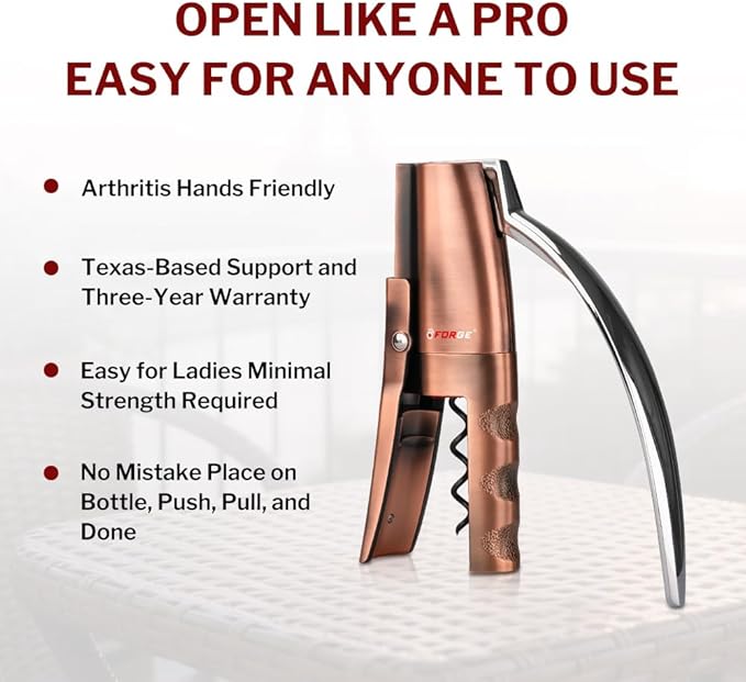 Forge Quality Compact Vertical Lever Corkscrew Wine Opener with Foil Cutter. 3 Seconds to Open a Bottle of Wine. Metallic Bronze