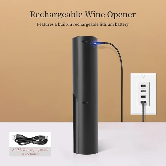 Electric Wine Opener Set by ELMWAY - Rechargeable Wine Bottle Opener & Corkscrew with Foil Cutter / 4 x Vacuum Stoppers/Premium Wine Aerator Pourer, Ideal Wine Gifts for Wine Lovers - Black