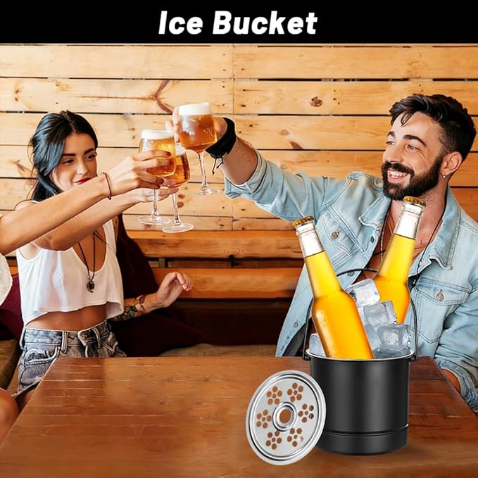 1L Ice Bucket, Professional Thickened Stainless Steel Ice Container with Filter Plate and Carrying Handle, Portable Chiller Bin Basket Black for Bar Parties Restaurant Bar(14x13.8x12.5cm)