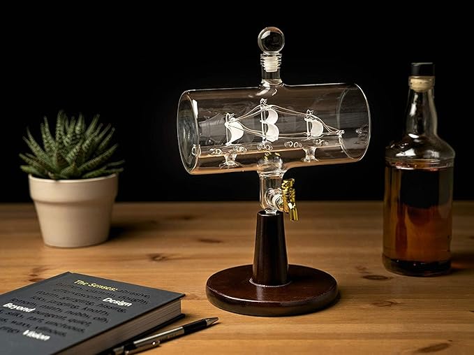 Whiskey Decanter Set for Men - 38 oz, Magellan Liquor Bottle with 2 Diamond Whiskey Glasses - for Alcohol, Wine, Bourbon, Brandy, and Scotch for Dad (Viking Ship)