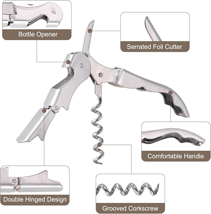 uxcell 4Pcs 5" Wine Openers Waiter Corkscrew Professional Red Wine Bottle Opener Double Hinged with Foil Cutter for Servers Bartender, Silver